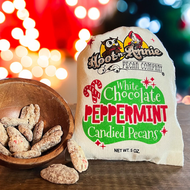 White Chocolate Peppermint Candied Pecans
