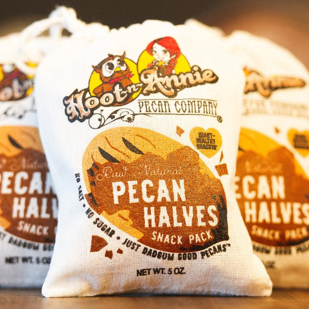 Raw Natural Pecan Halves | Snack Pack | 5 oz. - Hoot-n-Annie Pecan Company